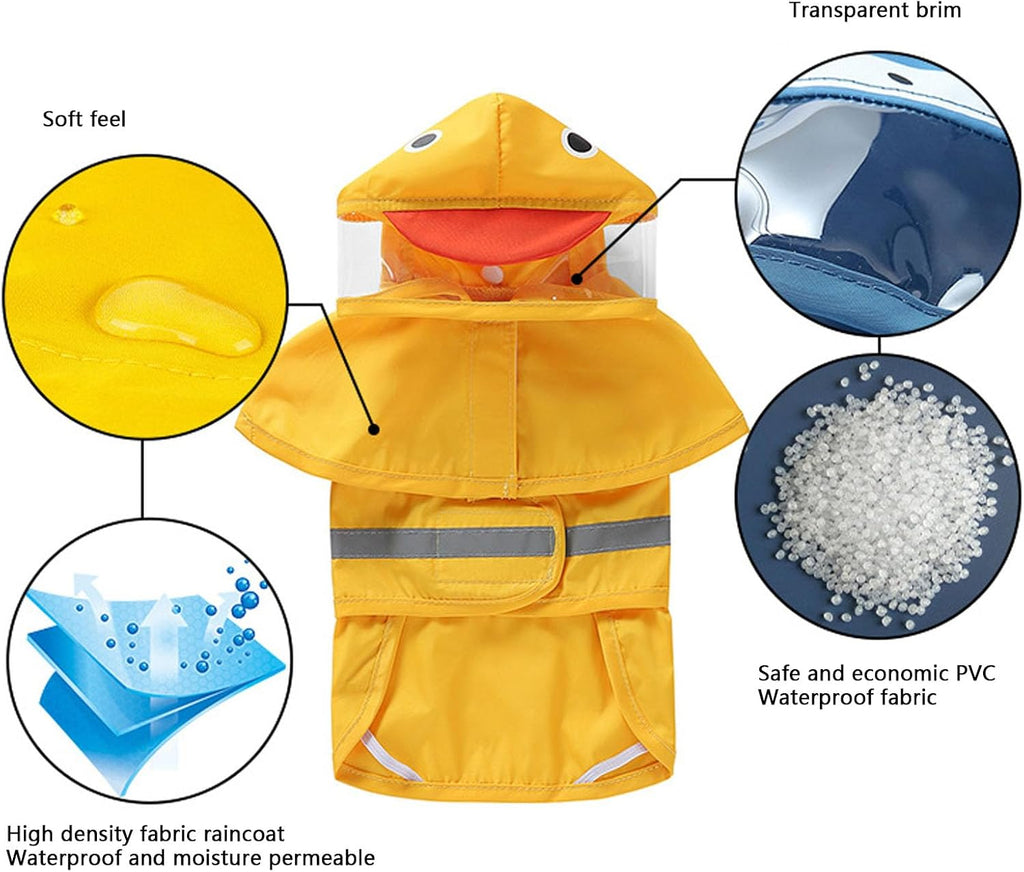 Small Dogs Duck Design Raincoat, Hooded Rain Jacket Poncho with Reflective Stripes, Transparent Hood for Puppies, Large Size