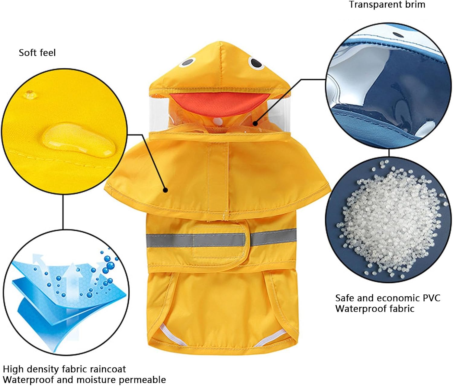 Small Dogs Duck Design Raincoat, Hooded Rain Jacket Poncho with Reflective Stripes, Transparent Hood for Puppies, Large Size