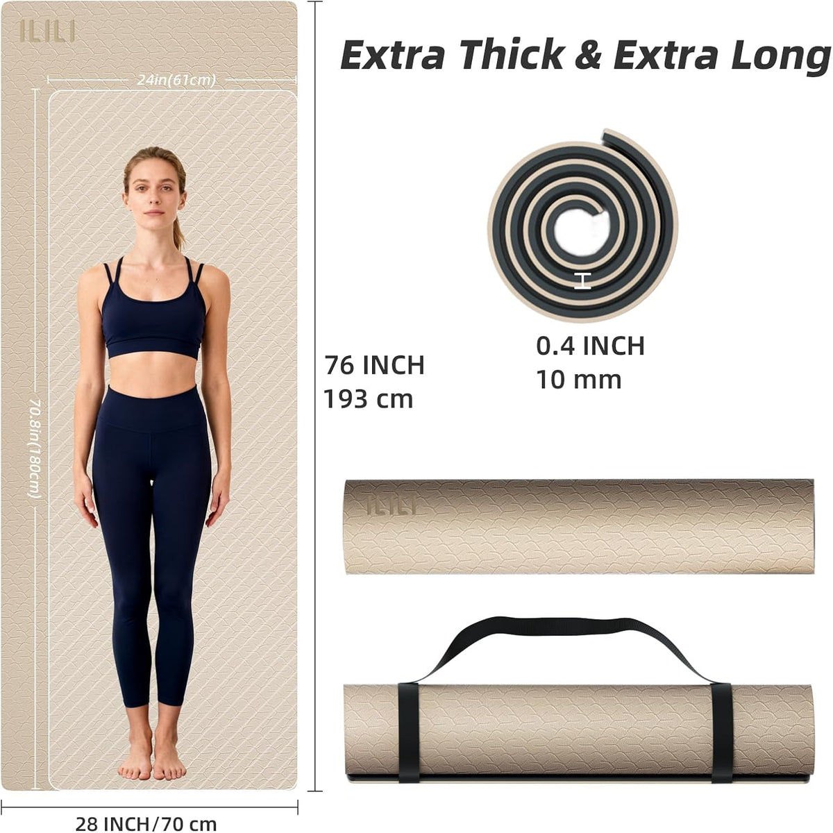 ILILI 10mm Extra Thick, TPE Yoga Mat, 76×28 Inch Extra Long, Carrying Strap