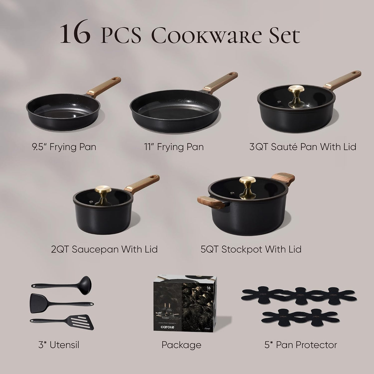 CAROTE Ceramic Cookware Sets, Pots and Pans Set, 16pcs
