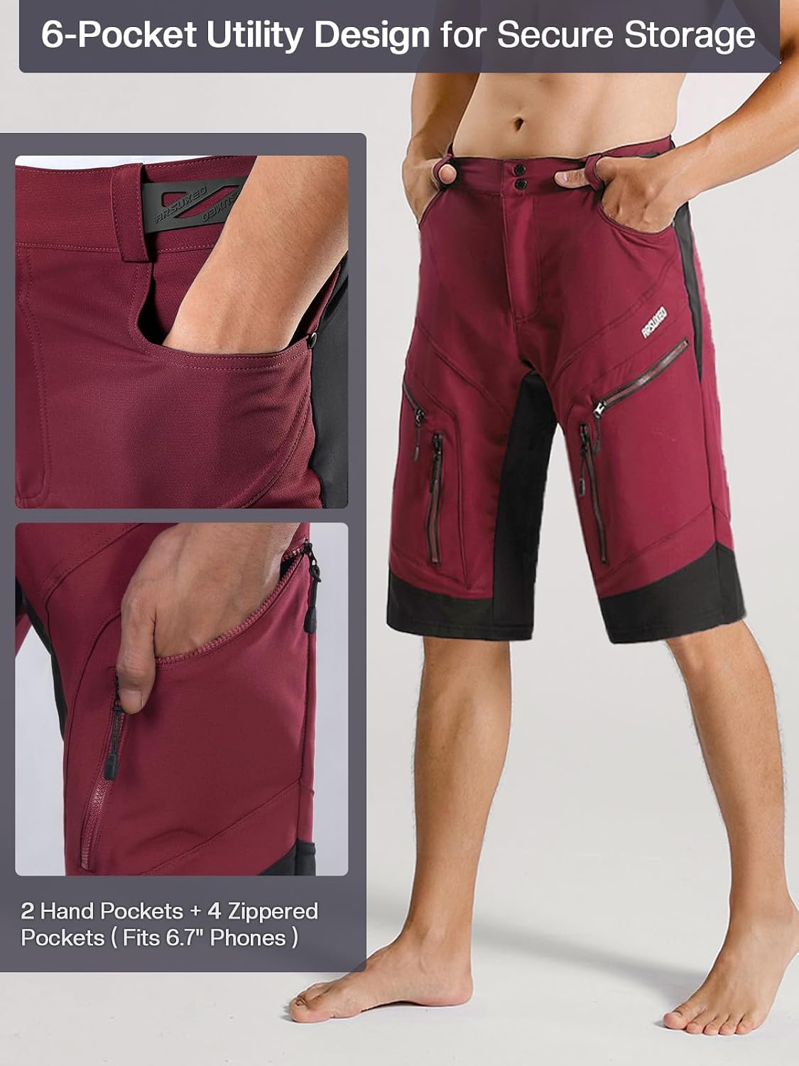 ARSUXEO Men's Loose Fit Cycling Shorts Mountain Bike Shorts Water Ressistant 1903