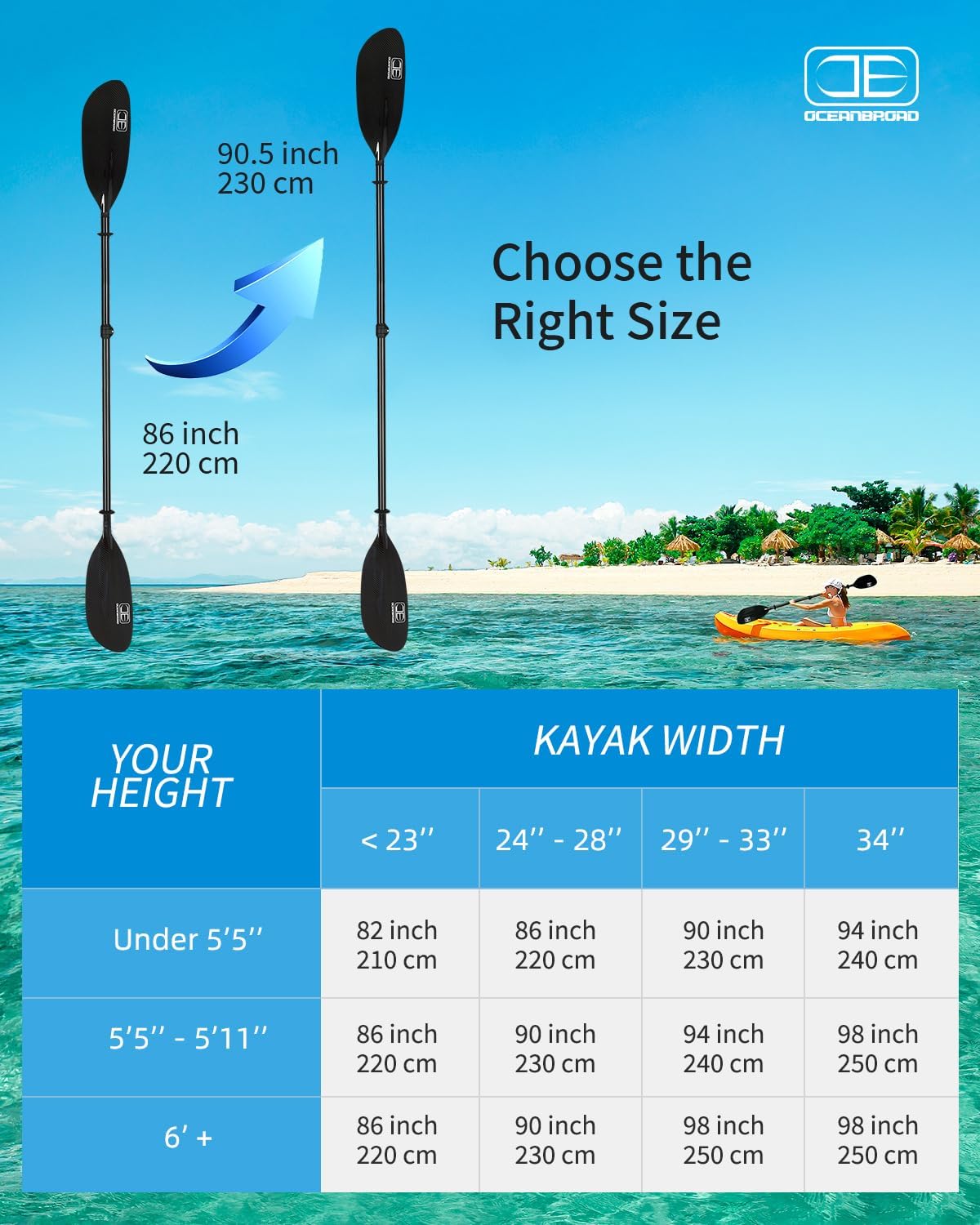 OCEANBROAD Full Carbon Fiber Adjustable Kayak Paddle, 2-Piece