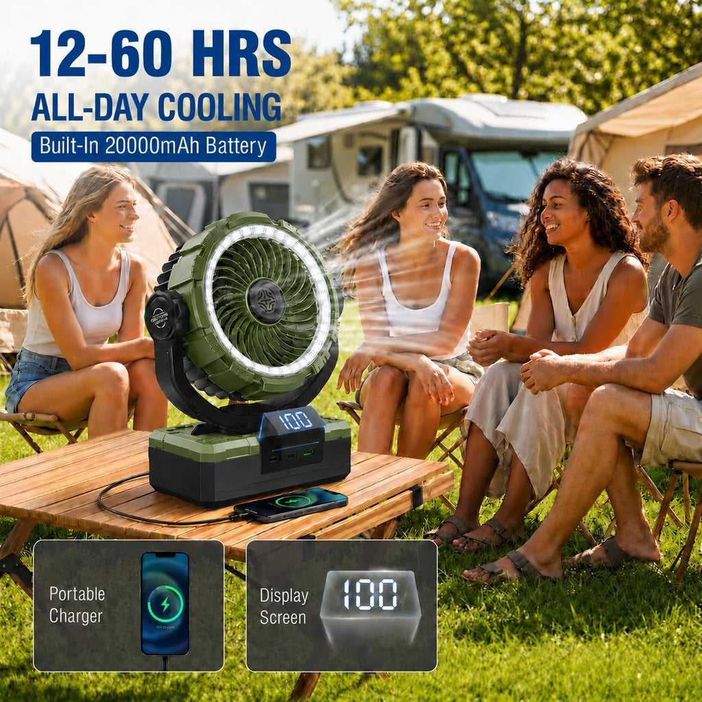 9-Inch Rechargeable Camping Fan 【Auto-Oscillating, Max 60H】20000mAh Portable Battery Powered Operated Fan,Light,Timer,Hook,Outdoor Tent Fans for Patios,Beach,Fishing,Emergency,Camping Gear Essentials