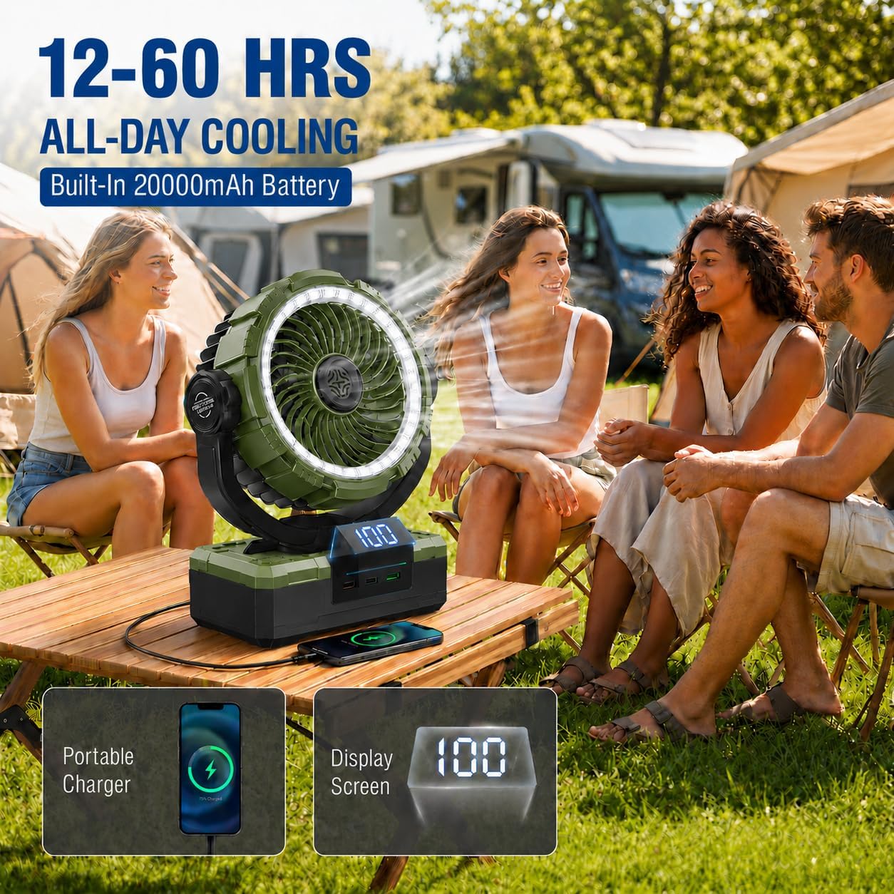 9-Inch Rechargeable Camping Fan 【Auto-Oscillating, Max 60H】20000mAh Portable Battery Powered Operated Fan,Light,Timer,Hook,Outdoor Tent Fans for Patios,Beach,Fishing,Emergency,Camping Gear Essentials