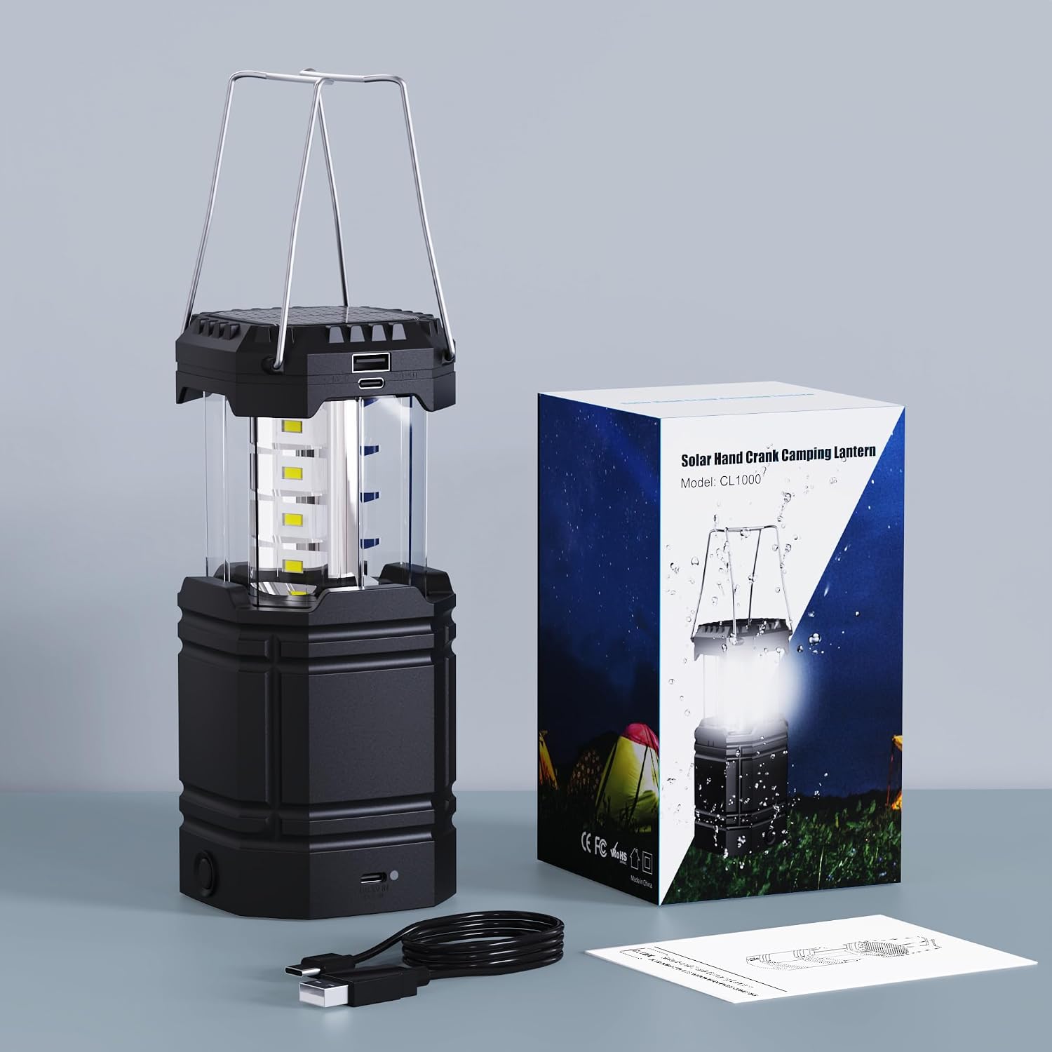 3000mAh Large Capacity Hand Crank Solar Camping Lantern for Emergency