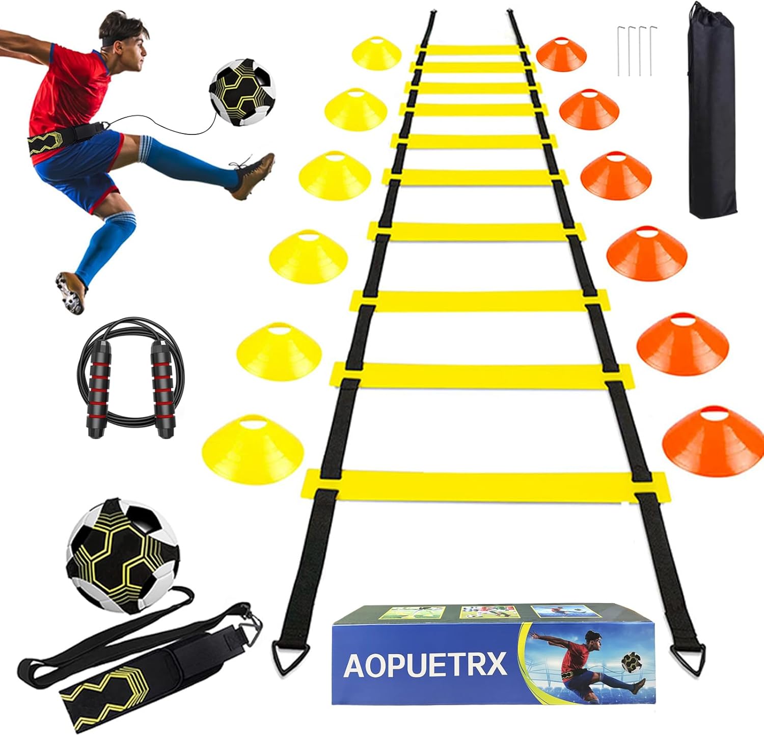 20Ft Agility Ladder Training Equipment for Soccer 12 Cones, Solo Soccer Trainer, Jump Rope Speed Football Gifts for boy
