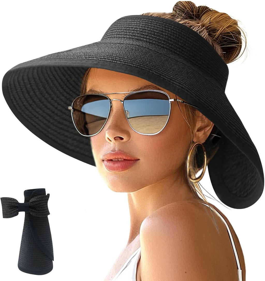NPJY Sun Hats for Women Wide Brim Roll-Up Ponytail Packable Straw Visor