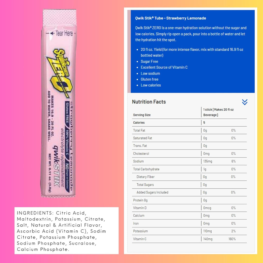 Sqwincher Zero Qwik Stik - Single Serve, Sugar Free, Low Calorie, Low Sodium Electrolyte Replacement Powder Hydration Drink Mix, 0.11 oz Packet | MIXED FLAVORS - Pack of 40
