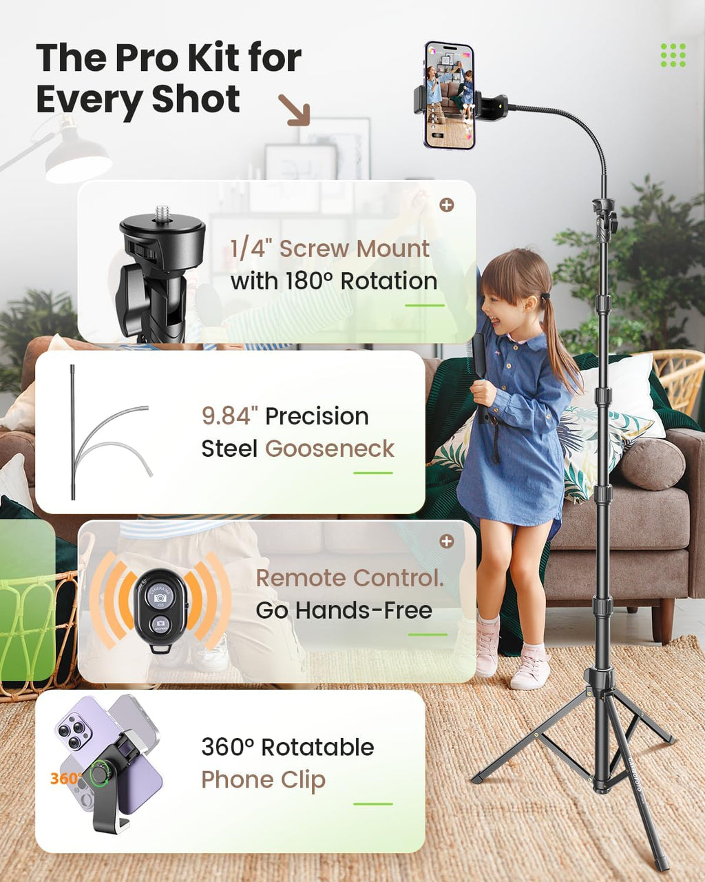 CAMBOFOTO 82"/210cm Tall Tripod for iPhone with Gooseneck & Remote, Holder