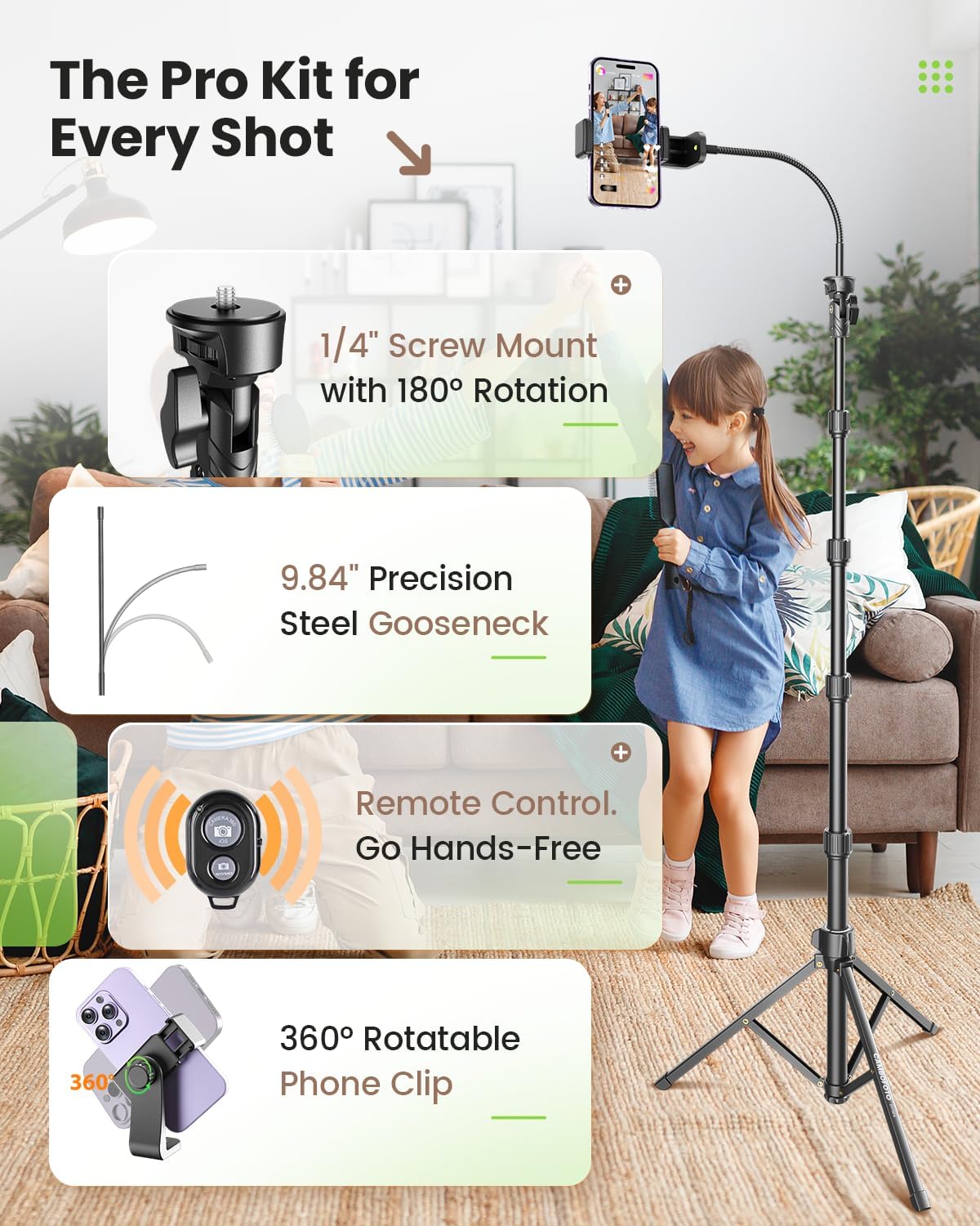 CAMBOFOTO 82"/210cm Tall Tripod for iPhone with Gooseneck & Remote, Holder