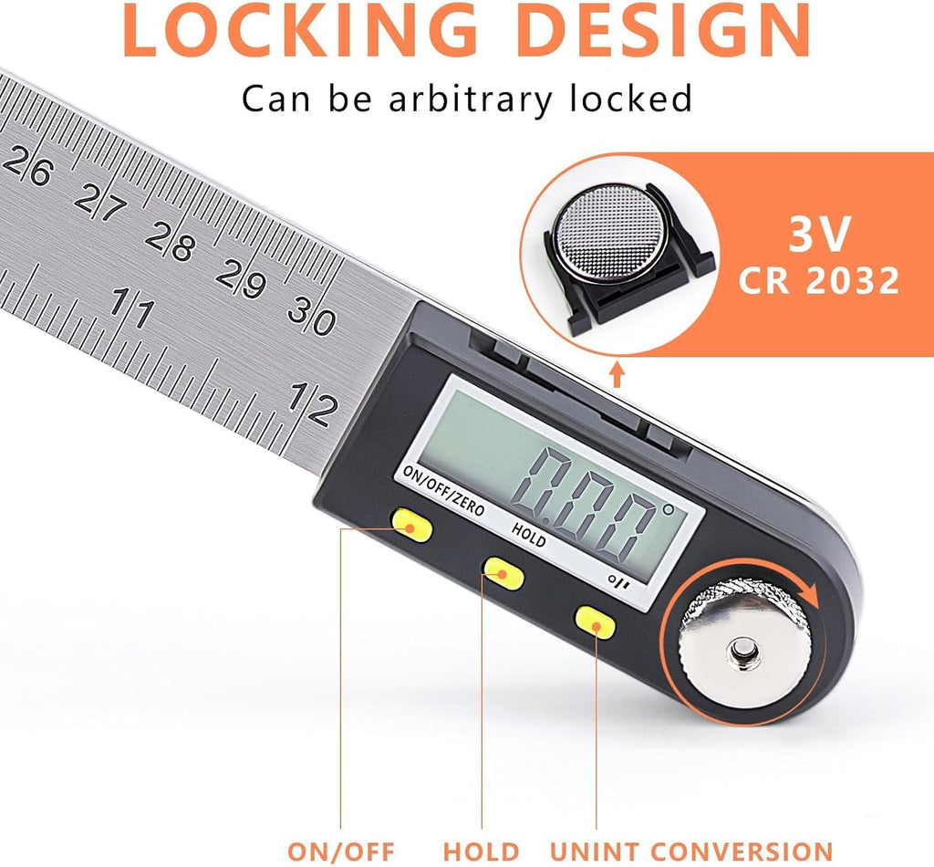 Yanguotool Digital Angle Ruler: 300mm/12-Inch Protractor Finder with Stainless Steel Ruler, Ideal for Woodworking, Construction, Level Measuring