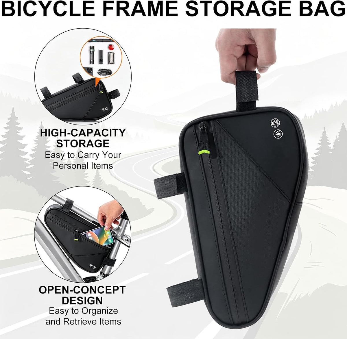 Bike Frame Bag, Water-Resistant Triangle Storage Travel Bag for Mountain Road Bike, Cycling Storage Tool Accessories with 3 Straps and Leg-Friendly Design
