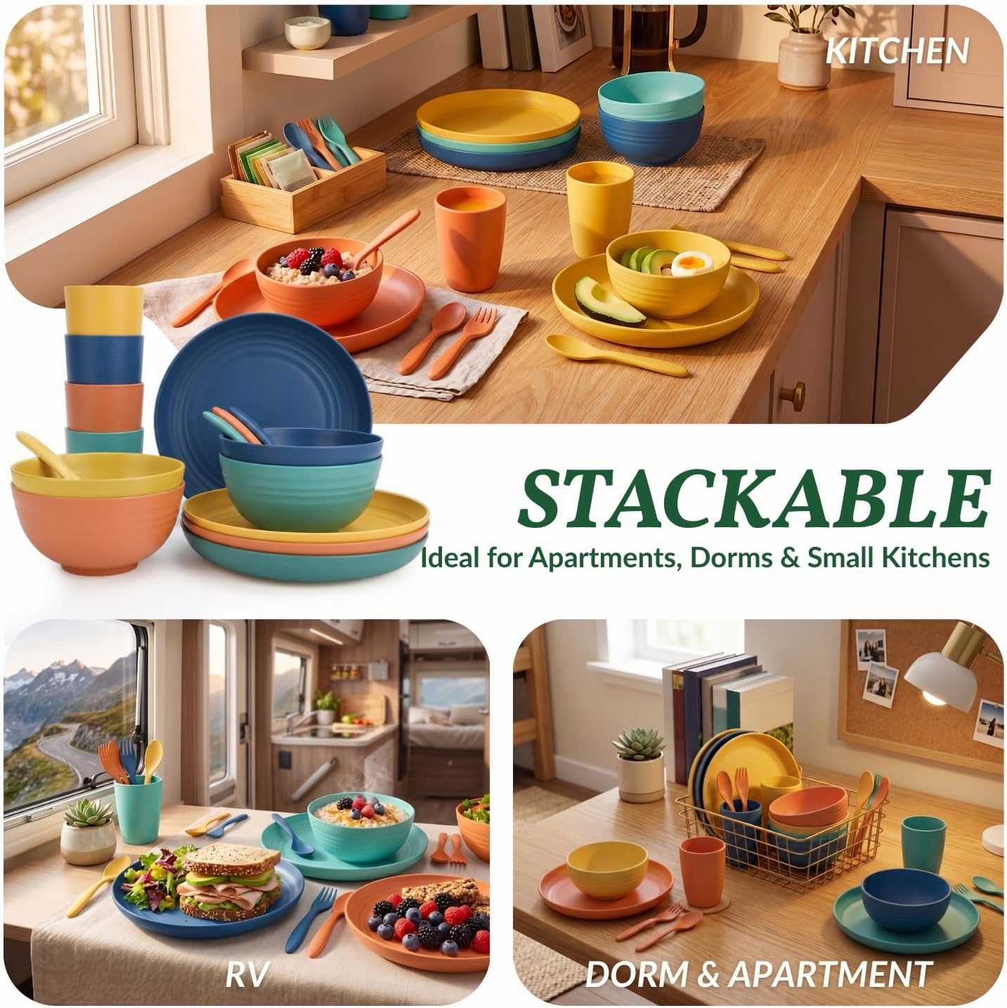 Homienly Wheat Straw Plates and Bowls Sets Unbreakable Dinnerware Set 20 PCS Dish Set for Camping, Party, Picnic Microwave and Dishwasher Safe Kitchen Dinner Set Apartment Essentials (Multicolor)