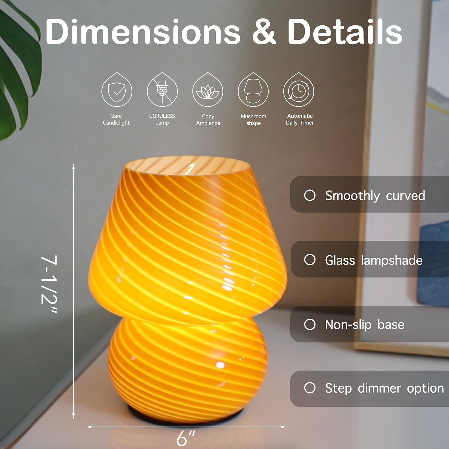 ULAROOM Battery Operated Mushroom Lamp-Vintage Small Table Lamps with Timer, Cordless Battery Powered Bedside Lamp for Bookshelf/Bedroom/Kitchen/Living Room/Shelf/Entryway Decor Aesthetic,Orange