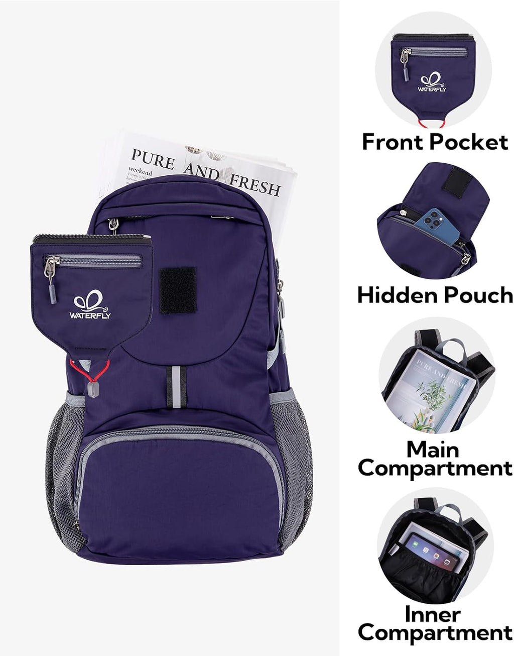 WATERFLY Small Lightweight Packable Backpack: 20l Ultra Light Foldable Travel Hiking Camping Daypack Day Pack for Man Woman