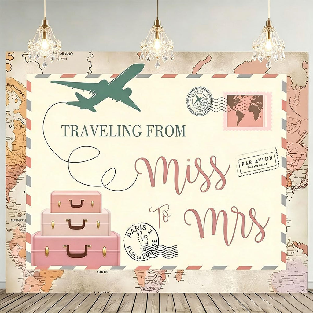 Traveling from Miss to Mrs Photography Background Postcard Suitcases Travel Adventure Begin Backdrop Bridal Shower Wedding Supplies Baby Shower Party Decorations (7X5FT)