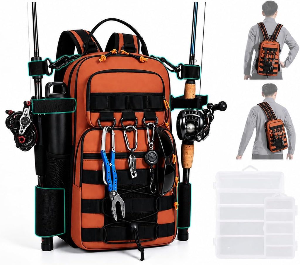 2 in 1 Compact Tactical Fishing Backpack with Tackle Boxes, Lightweight Waterproof Tackle Bag Fit 2 * 3600 Tackle Boxes, 2 Rod Holders Storage, Fishing Accessories Gift for Men Orange