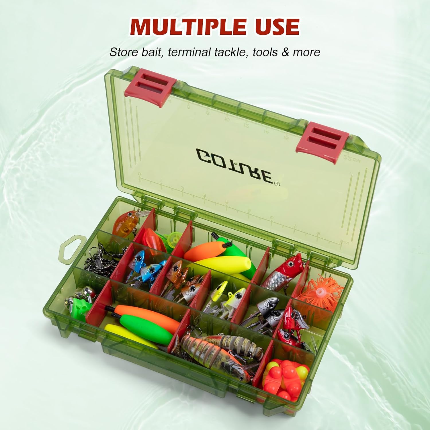 Goture Fishing Tackle Box Organizer - Transparent Fishing Organizer Box w/Measurement Ruler, Adjustable Dividers, Dual Latches | 2 Pcs 3700 Tackle Tray| Ergonomic Grip