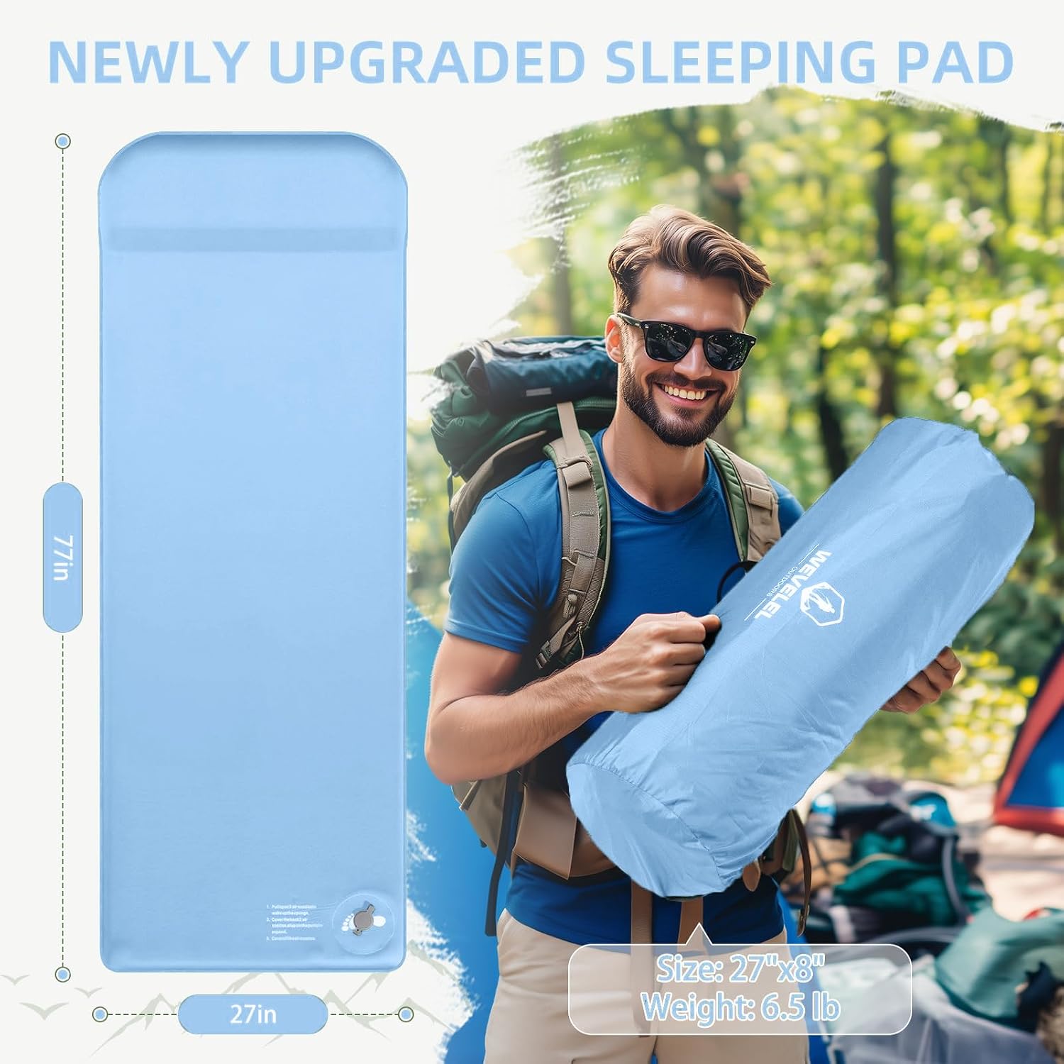 Wevelel Memory Sleeping Pad, 3.1" Ultra-Thick Foam Sleeping Mats for Camping, Easy Inflate&Deflate,9.5 R-Value Insulated Camping Mattress Pad with Pillow, for Car Travel Tent