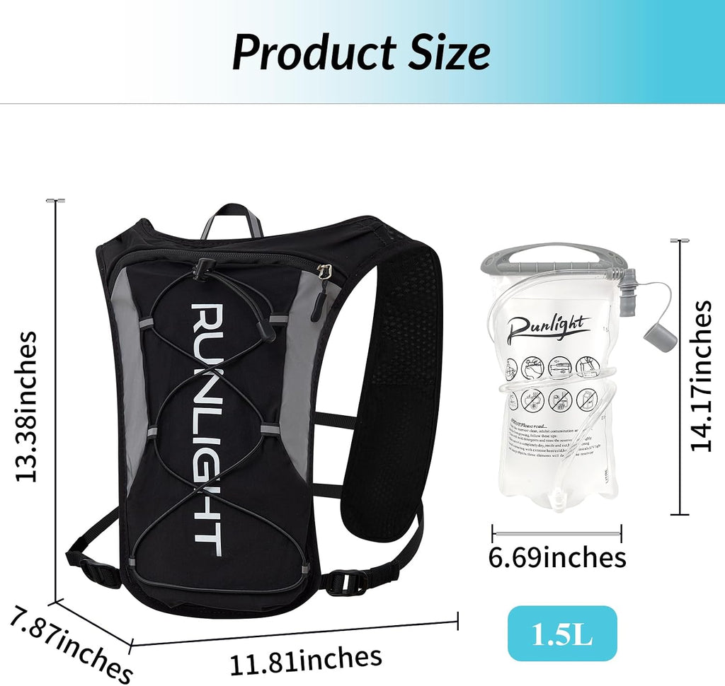 Runlight Running Vest for Women Men, Adjustable Hydration Backpack Breathable Reflective with 1.5L Water Bladder for Hiking, Trail, Running, Marathons, Cycling