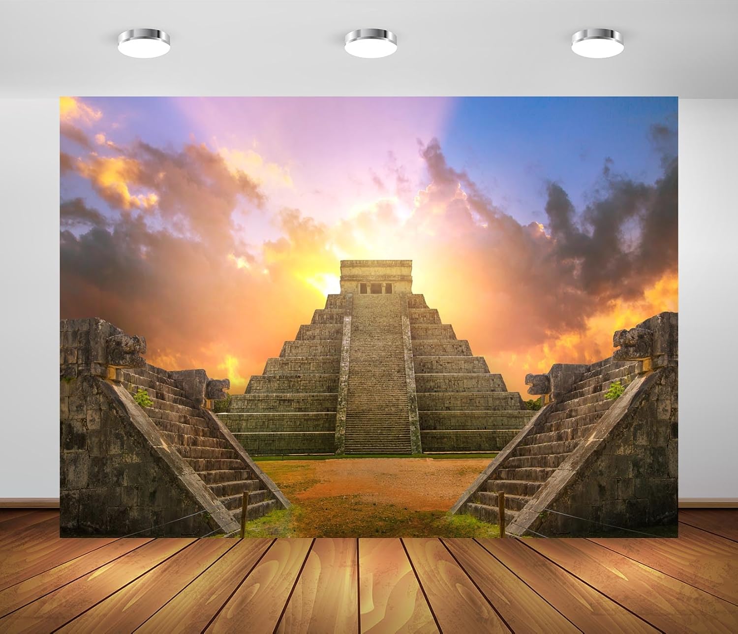 5x3ft Fabric Maya Chichen Itza Pyramid Backdrop for Photography Sunset Ancient Mayan Architecture Ruins Mexico Culture Historical Building Scenic Background Travel Party Photo Booth Props