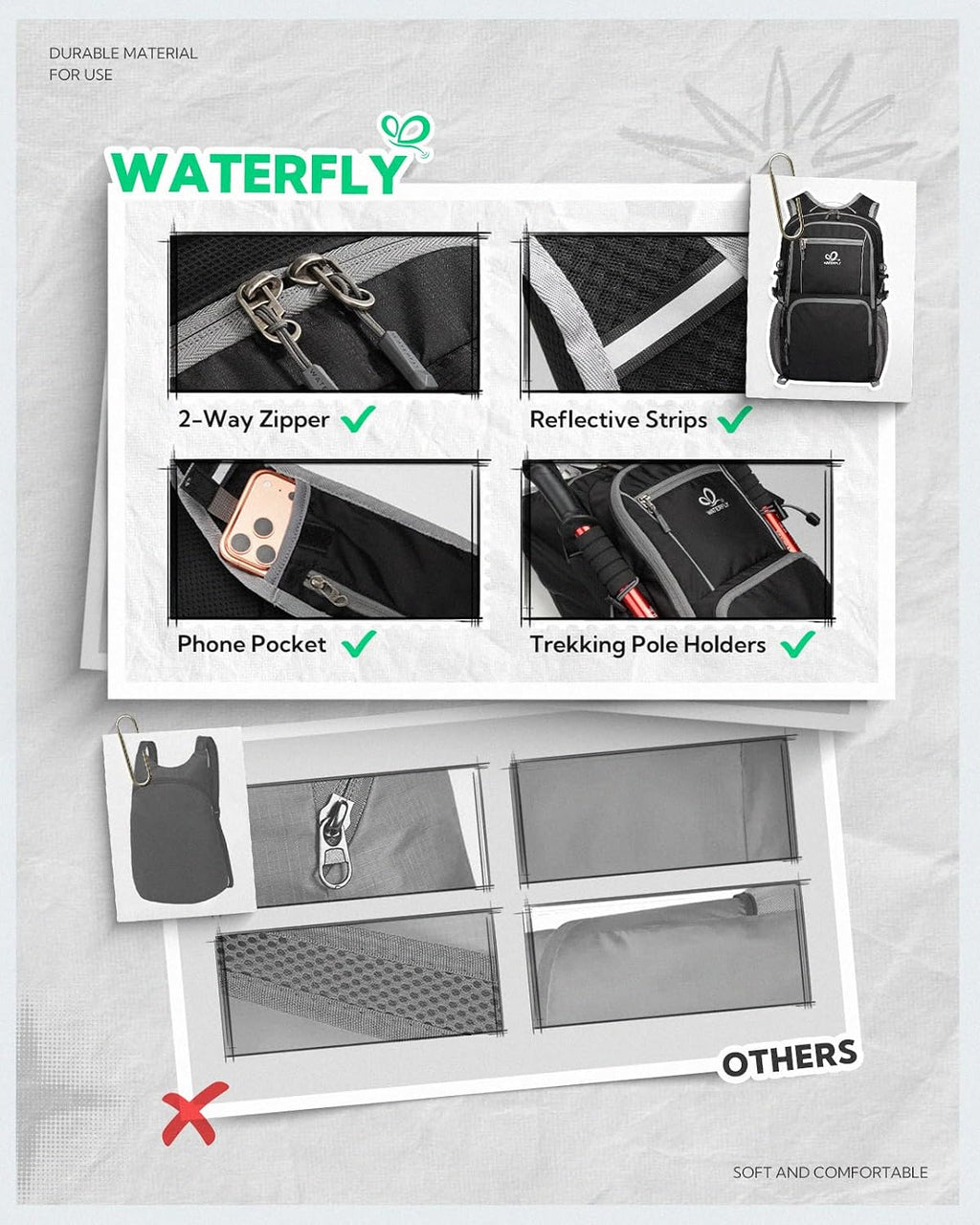 WATERFLY Packable Hiking Backpack, 20L Small Lightweight Foldable Daypack