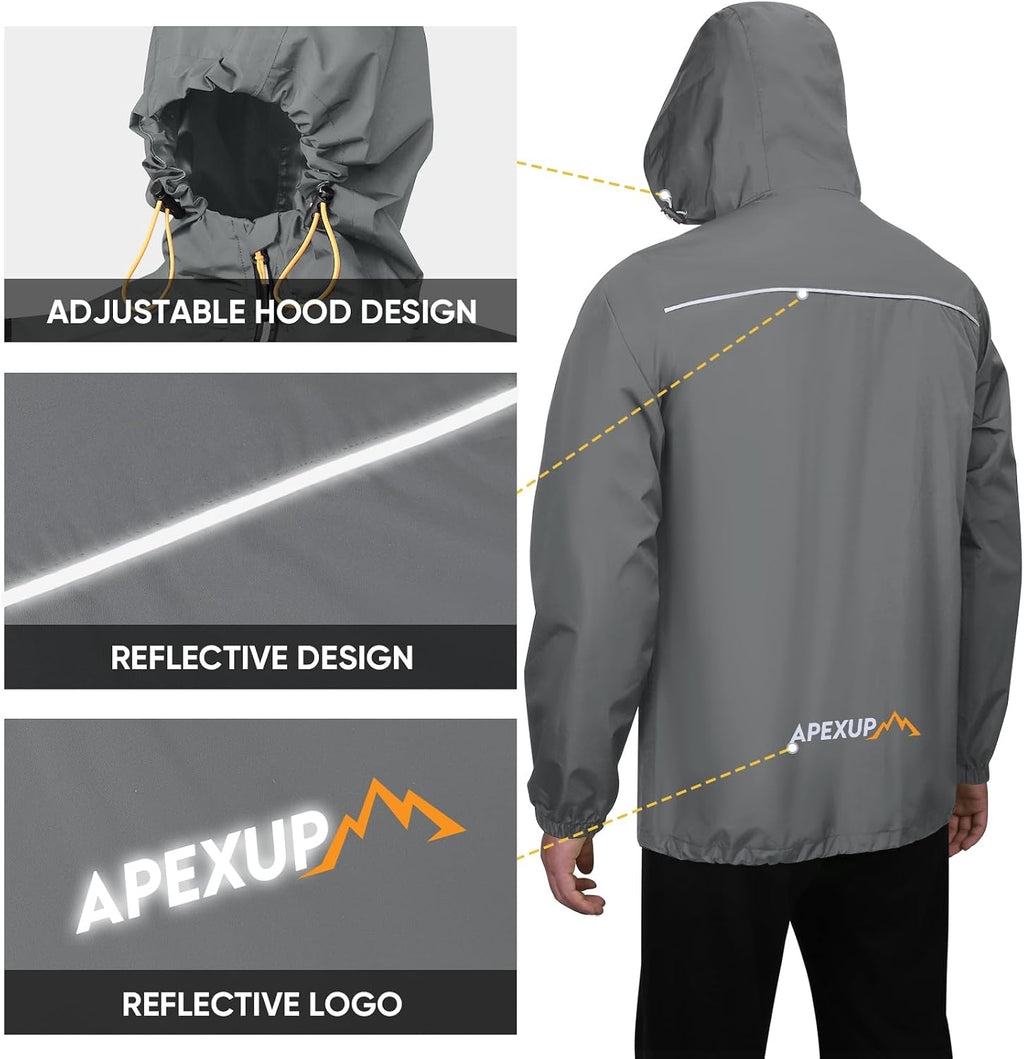 APEXUP Packable Rain Jacket Men Waterproof Lightweight Raincoat with Hood