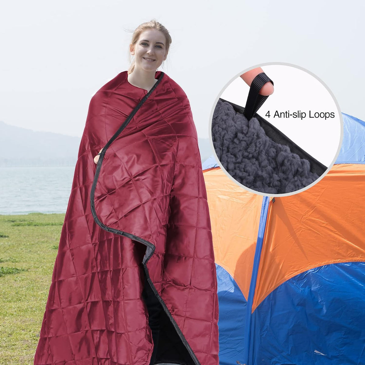 REDCAMP Large Camping Blanket with Sherpa Lining, Wine Red 79"x59"