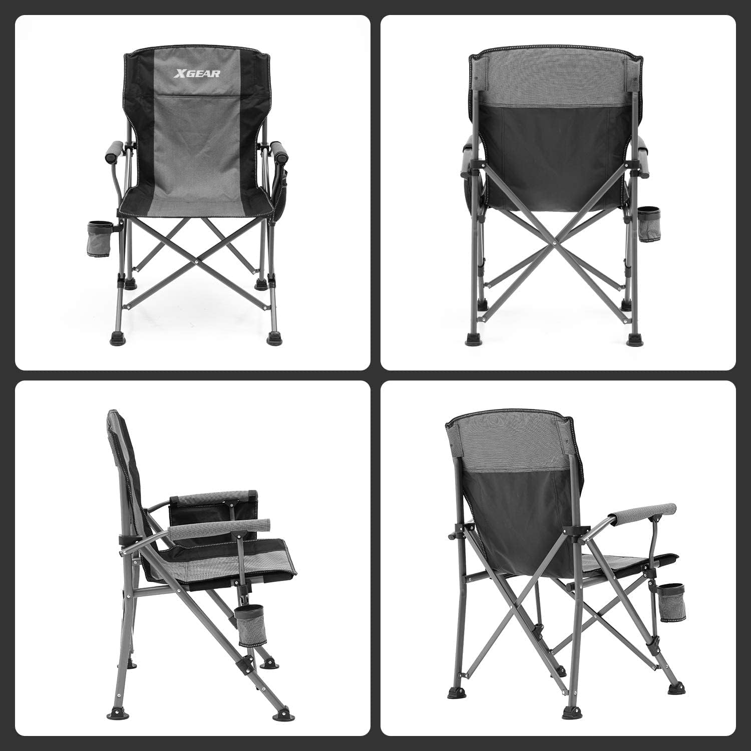 XGEAR 330LB Heavy Duty High Back Hard Arm Camping Chair with Cup Holder