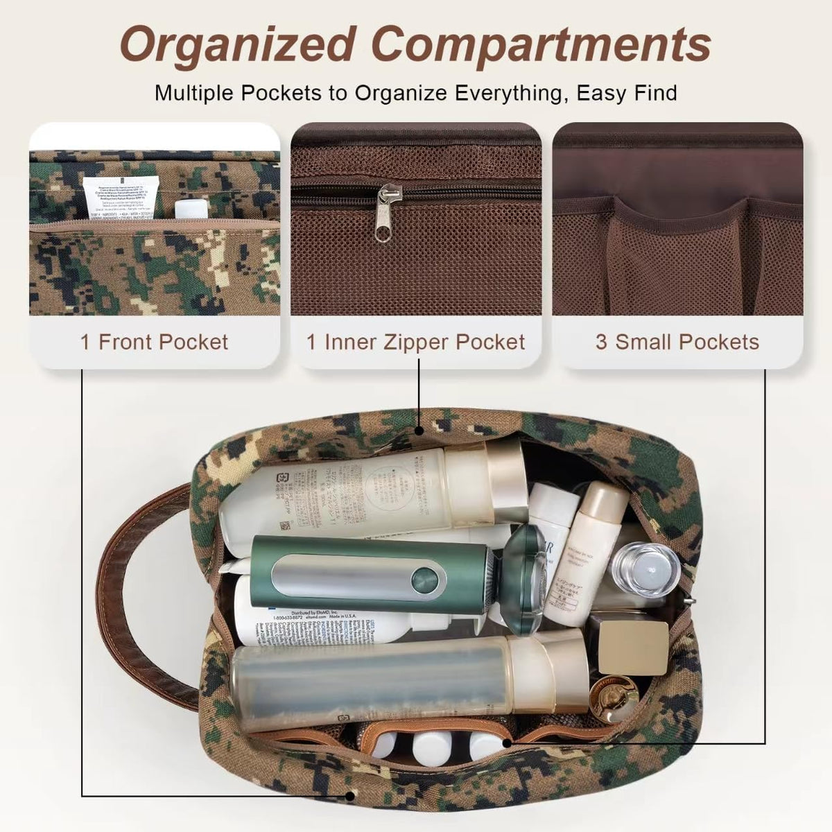 Travel Toiletry Bag for Men, Hanging Toiletry Organizer, Water Resistant Shaving Kit with Large Capacity for Travel Accessories (Camo-Green, Medium)