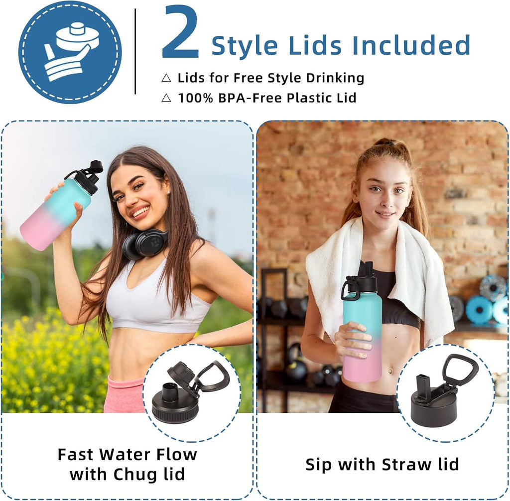 Volhoply 32 oz Water Bottles Bulk 2 Pack with Straw Lid & Spout Lid,Insulated Sports Water Bottle,Double Wall Vacuum Stainless Steel Cups,Leakproof Wide Mouth Metal Flask for Travel(Assorted,2)