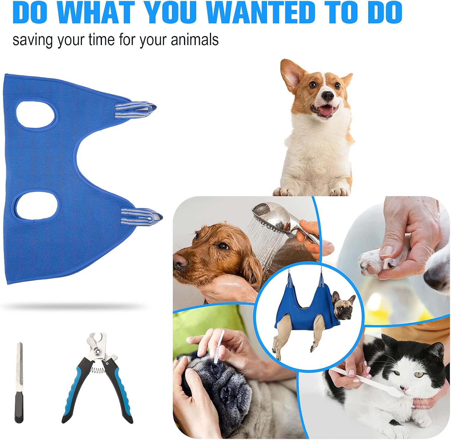 Kkiimatt 10 in 1 Dog Pet Grooming Hammock Harness with Nail Clippers/Trimmer, Dog Hammock for Nail Trim, Grooming Sling Hanger for Nail Trimming/Clipping (S/Under 30lb, Blue)