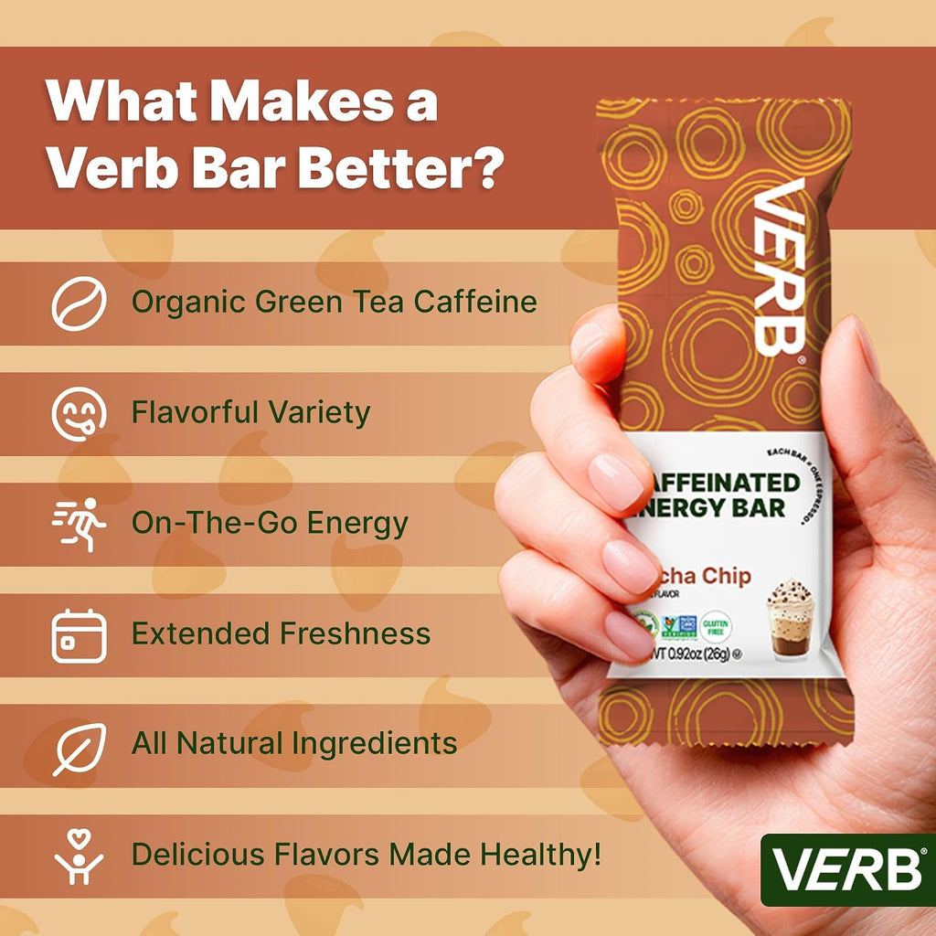 Verb Caffeinated Energy Bars Mocha Chip (26g, Pack of 16) 110 Calories