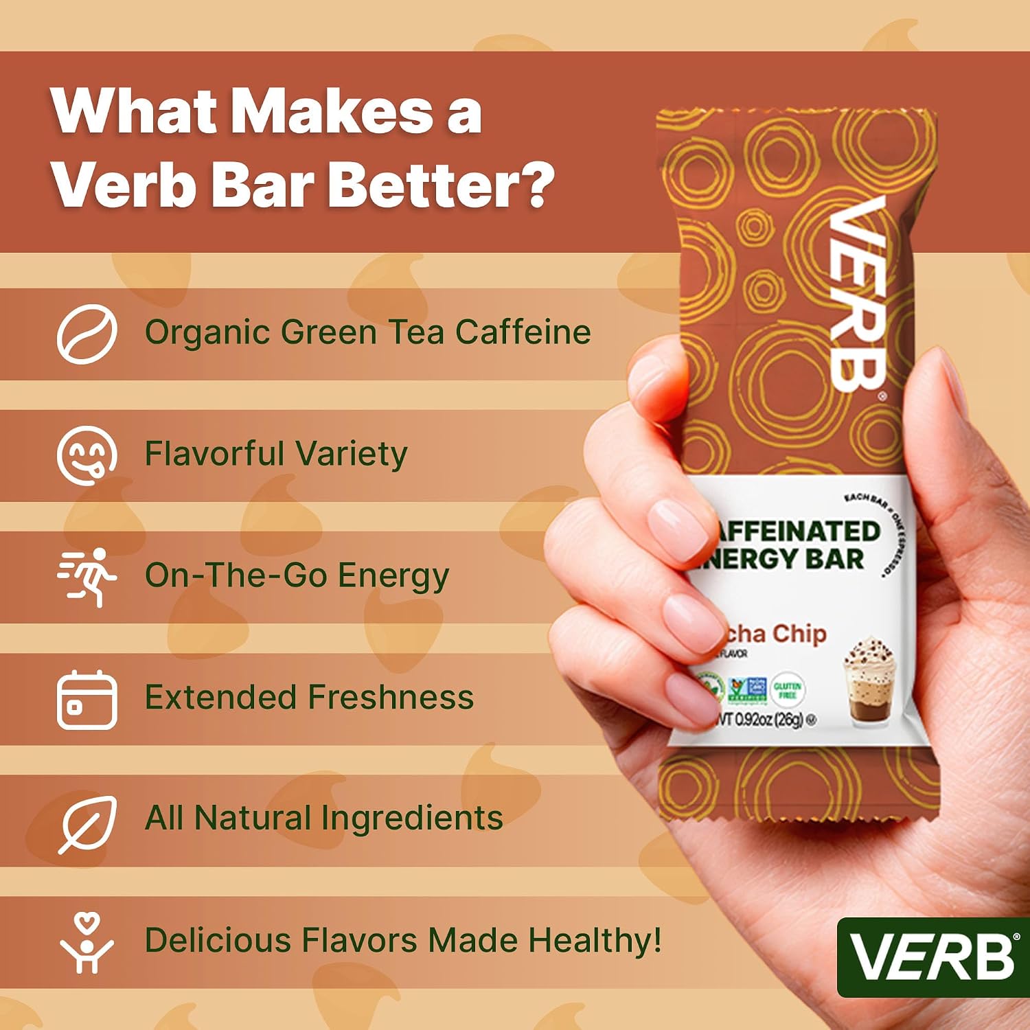 Verb Caffeinated Energy Bars Mocha Chip (26g, Pack of 16) 110 Calories