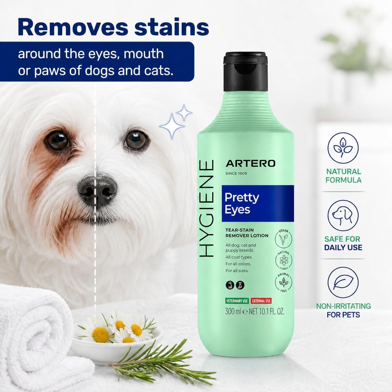 ARTERO Pretty Eyes. Eye Cleaner. Effectively removes Tear Stains from the Tear ducts of Dogs and Cats, ensuring a Clean and Healthy Appearance. 300 ml Bottle for Regular use.