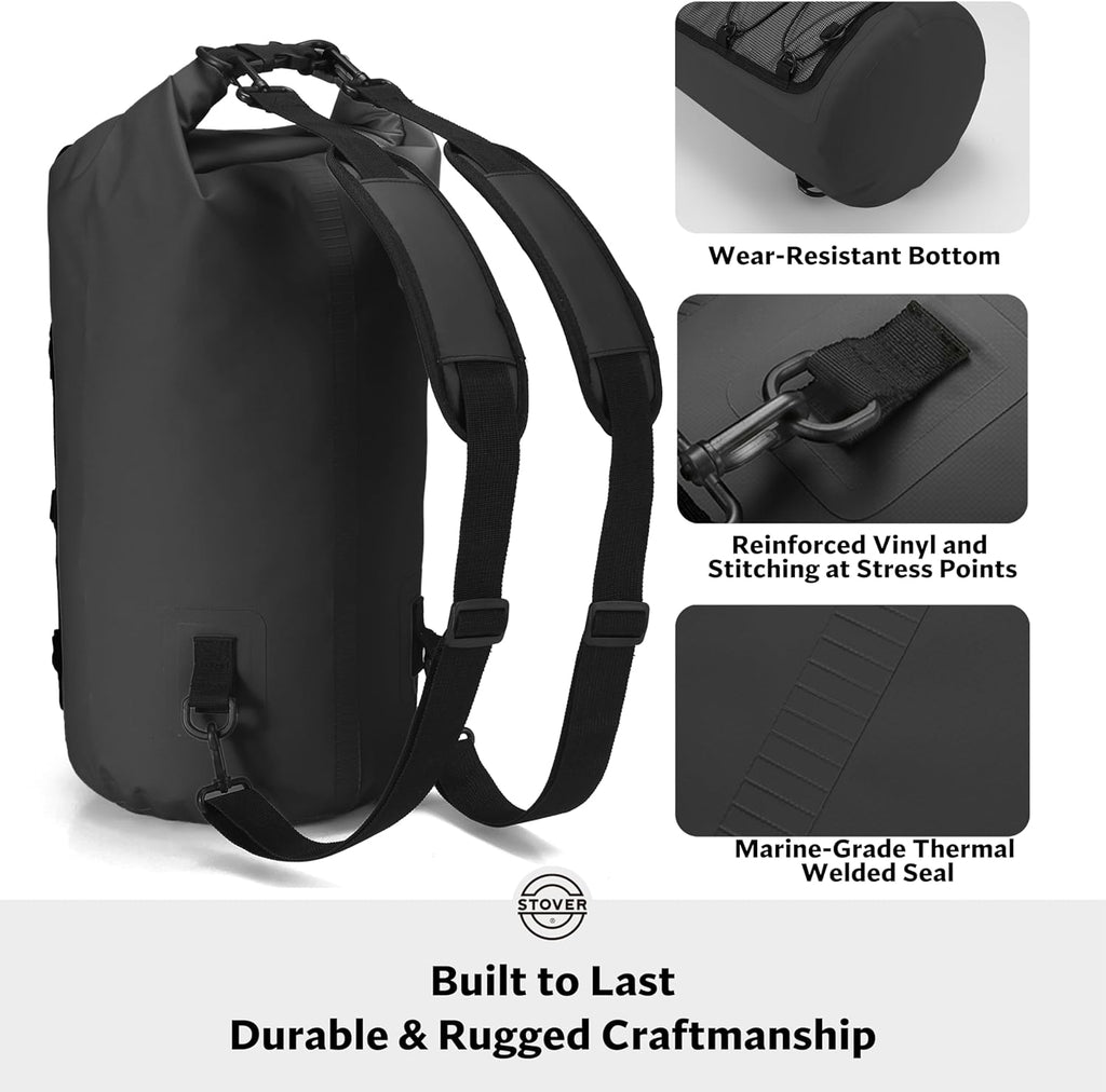 STOVER 5/10/25/30/40L Waterproof Dry Backpack & Phone Case- Large Floating Dry Bag for Kayaking, Travel, Hiking, Fishing, Camping, Motorcycles & Beach, Heavy-Duty Roll Top Men/Women (Black)