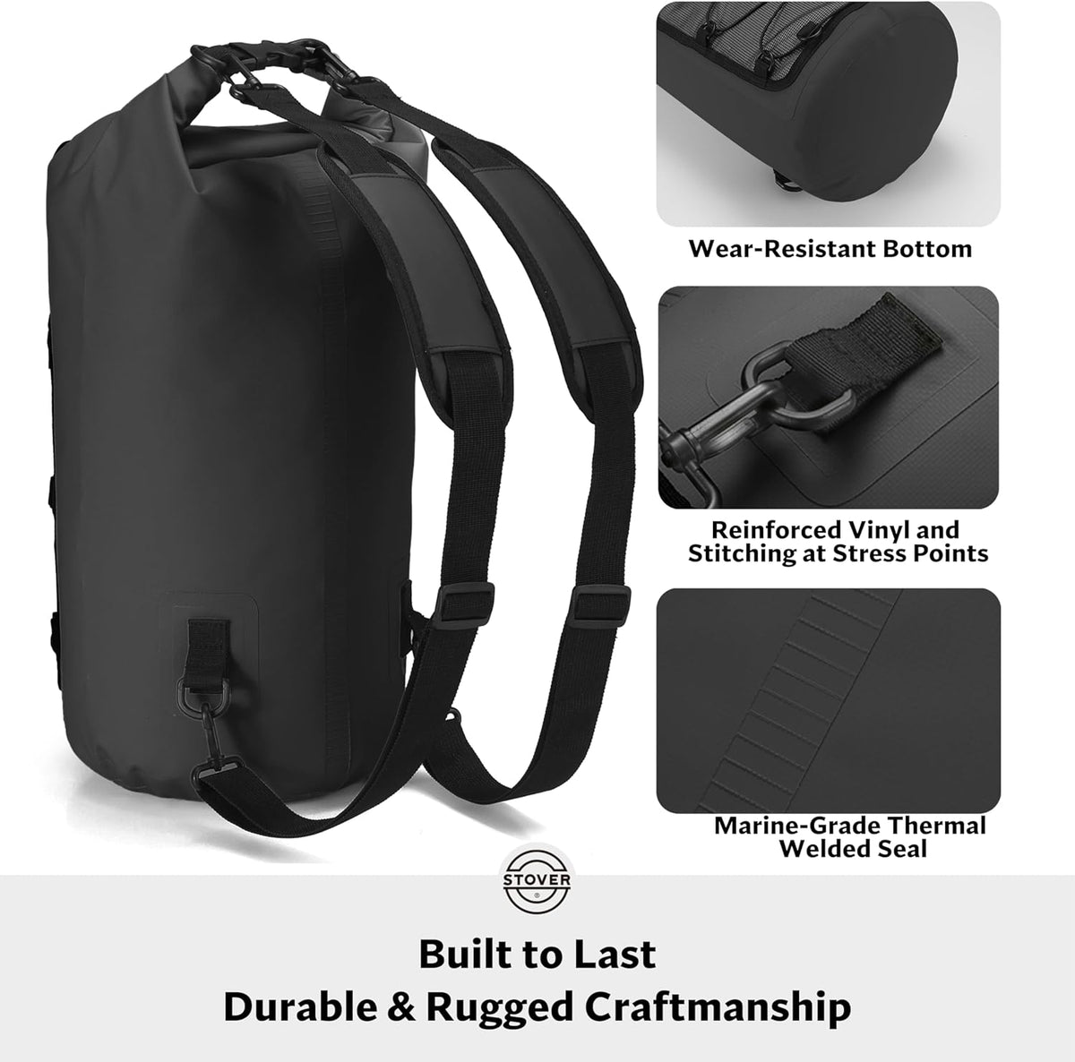 STOVER 5/10/25/30/40L Waterproof Dry Backpack & Phone Case- Large Floating Dry Bag for Kayaking, Travel, Hiking, Fishing, Camping, Motorcycles & Beach, Heavy-Duty Roll Top Men/Women (Black)