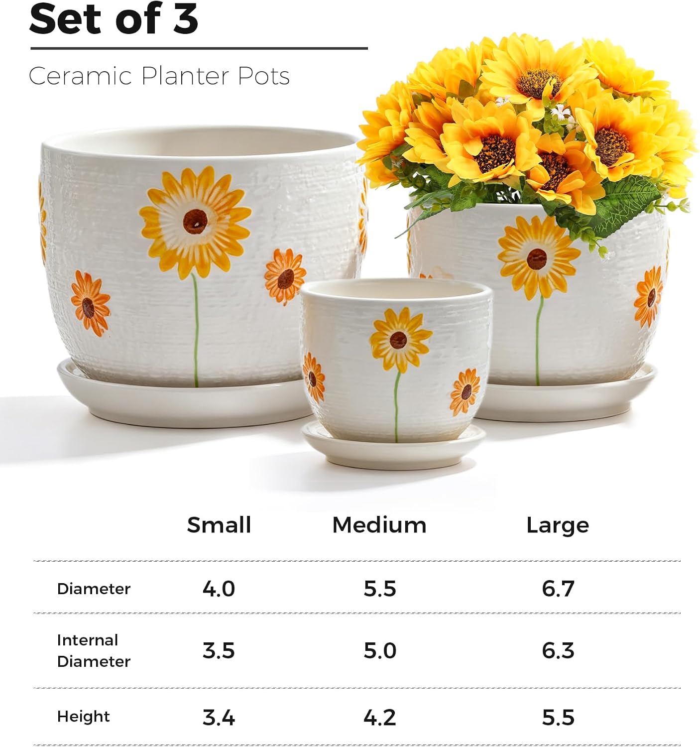 Ceramic Plant Pots,Sunflower Planters with Drainage Holes & Matching Saucer