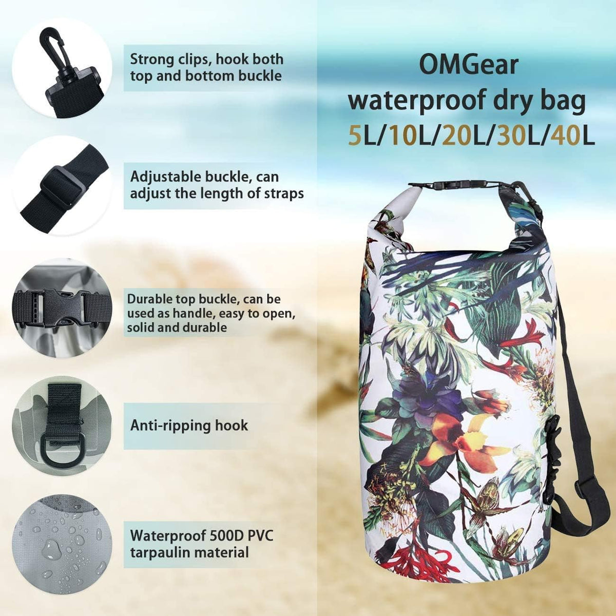 OMGear Waterproof Dry Bag Backpack Phone Pouch 40L/30L/20L/10L/5L Floating Dry Sack for Kayaking Boating Outdoors Activities