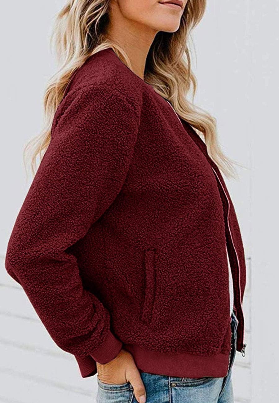 MIROL Women's Fall Fleece Bomber Jacket Trendy Sherpa Winter Coat Fuzzy Casual Long Sleeve Zip Up Loose Fit Jackets