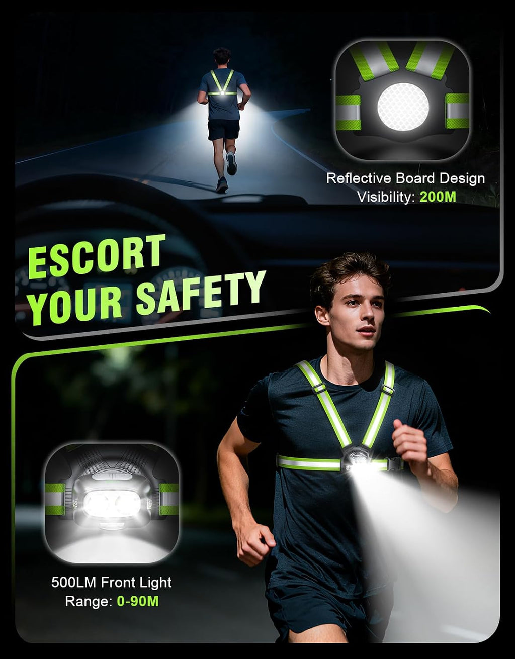 Running Lights for Runners, 500LM 1800mAh Rechargeable Running Light with 7 Modes & 45° Adjustable Beam, IPX4 Waterproof 360° Light up Gear, Reflective Vest for Night Walking/Jogging/Hiking