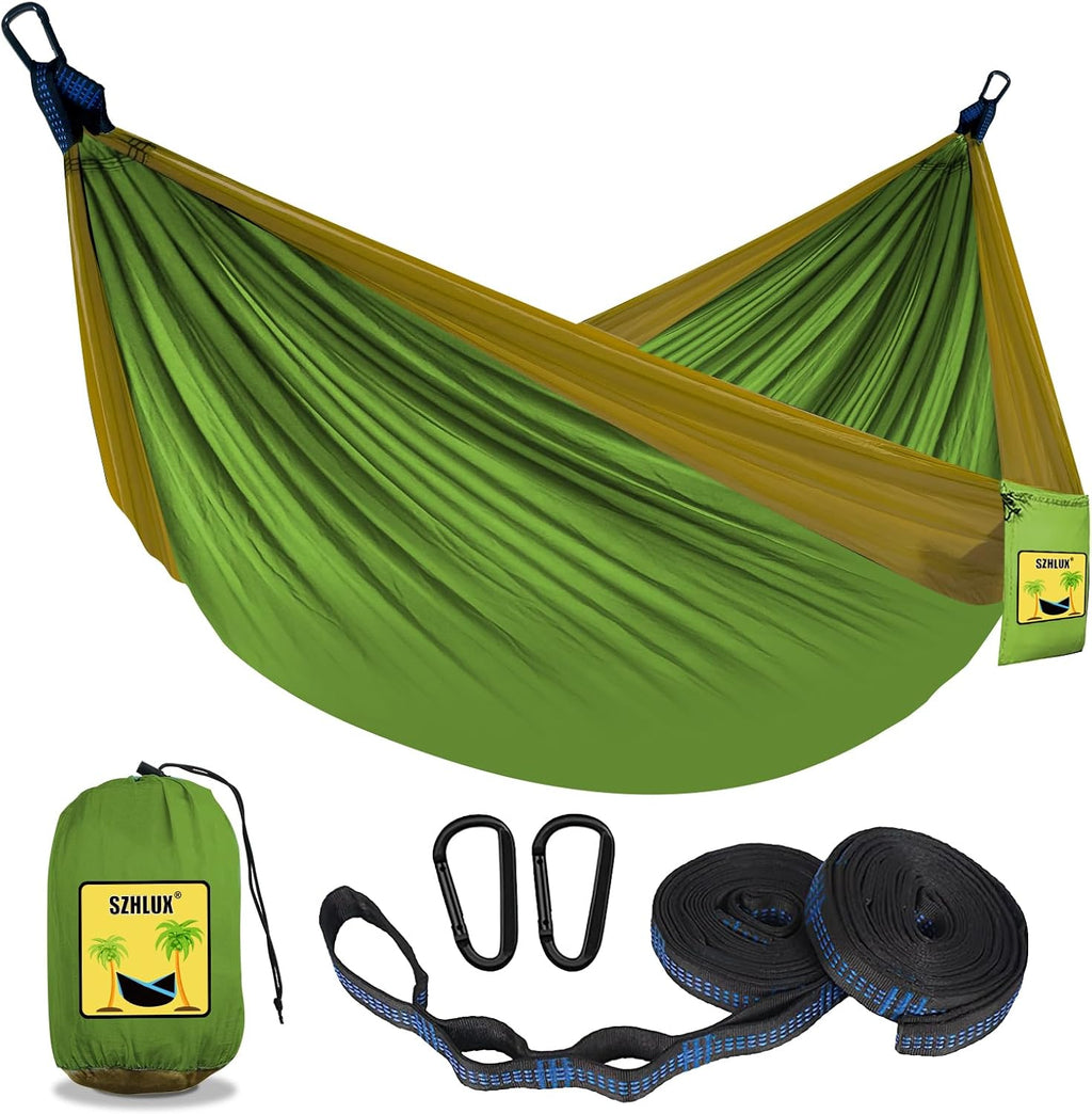 SZHLUX Camping Hammock Double & Single Portable Hammocks with 2 Tree Straps and Attached Carry Bag,Great for Outdoor,Indoor,Beach,Camping,Light Grey / Sky Blue
