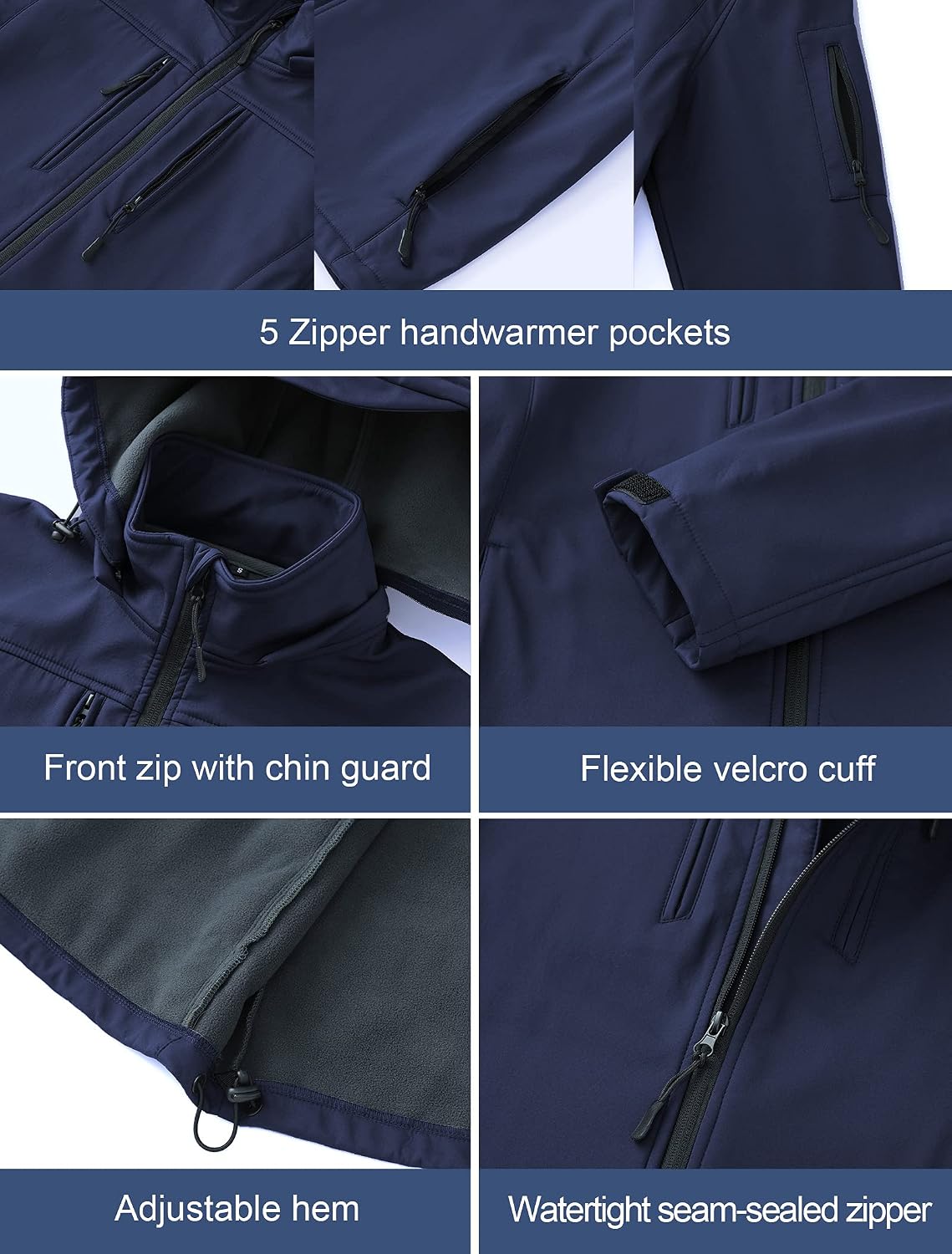 CREATMO US Men's Softshell Military Jacket With Removable Hood, Fleece Lined and Water Repellent Outdoor Reflective Coat