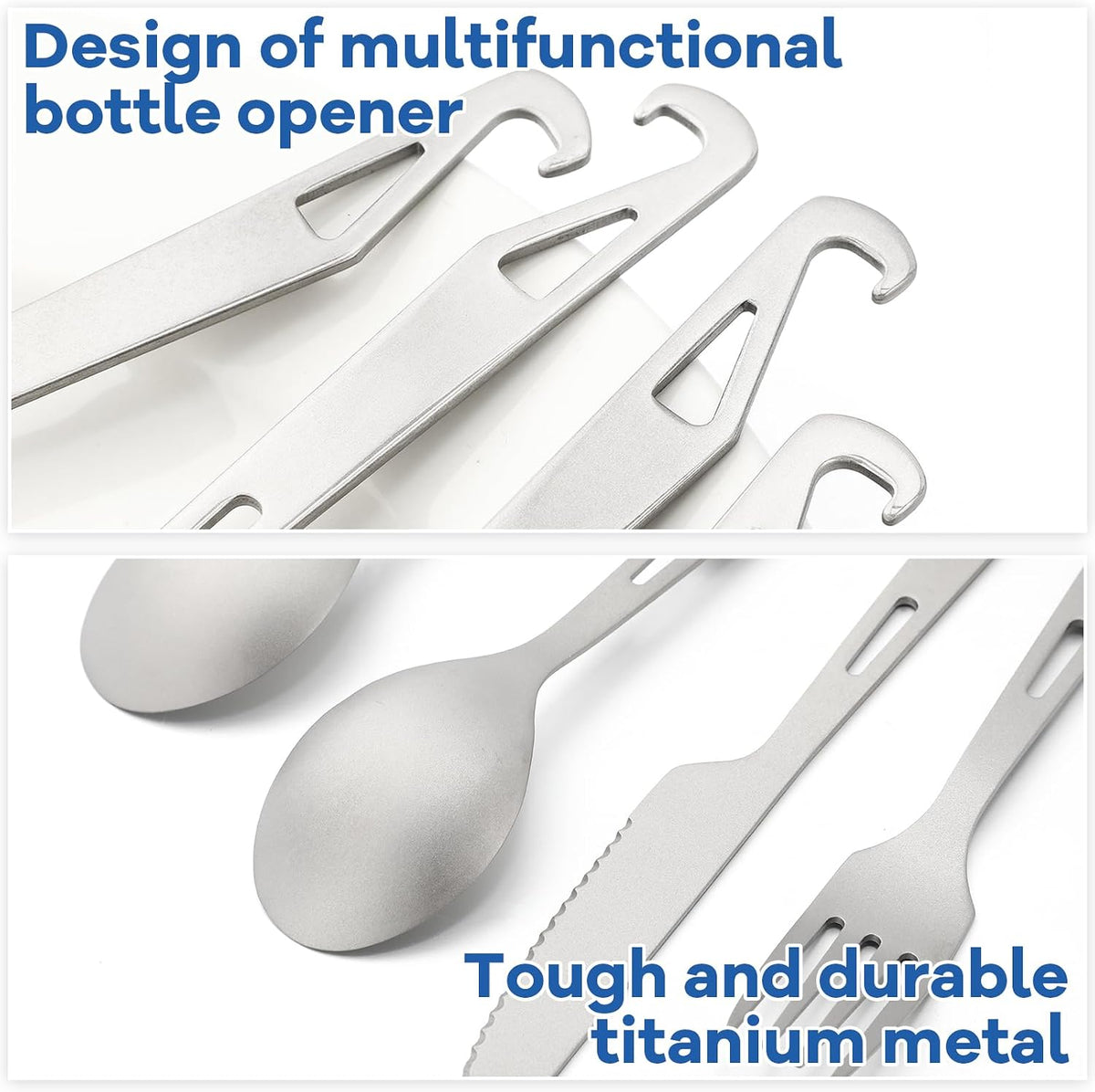Hushee 6 Pcs Titanium Flatware Knife Fork Spoon Set Camping Utility Cutlery
