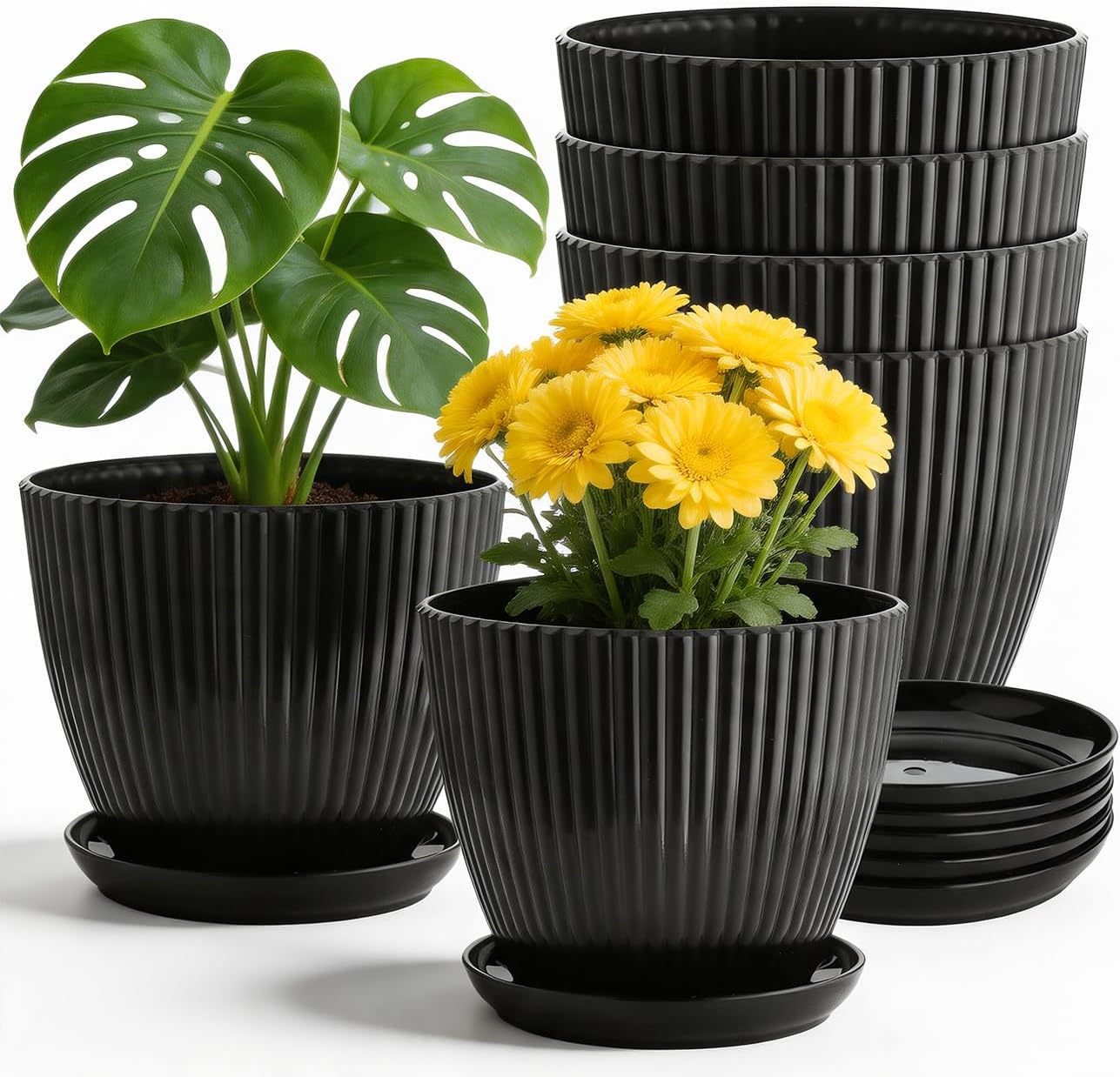 RooTrimmer Multi Size Plastic Pots 6 Pack, Drain Holes, Saucers, Dark Green