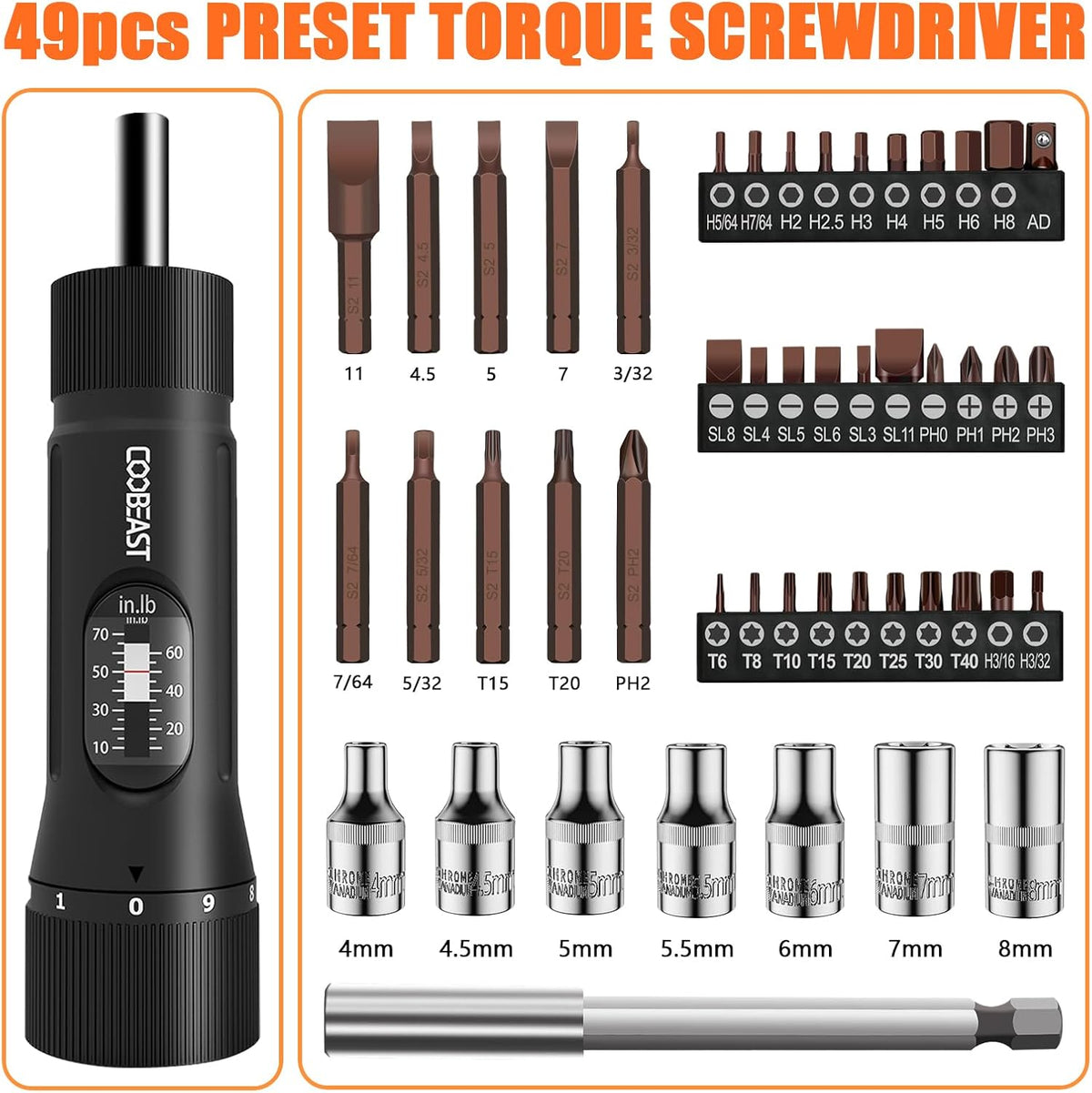 coobeast 49Pcs Preset 1/4” Drive Torque Screwdriver with S2 Bits