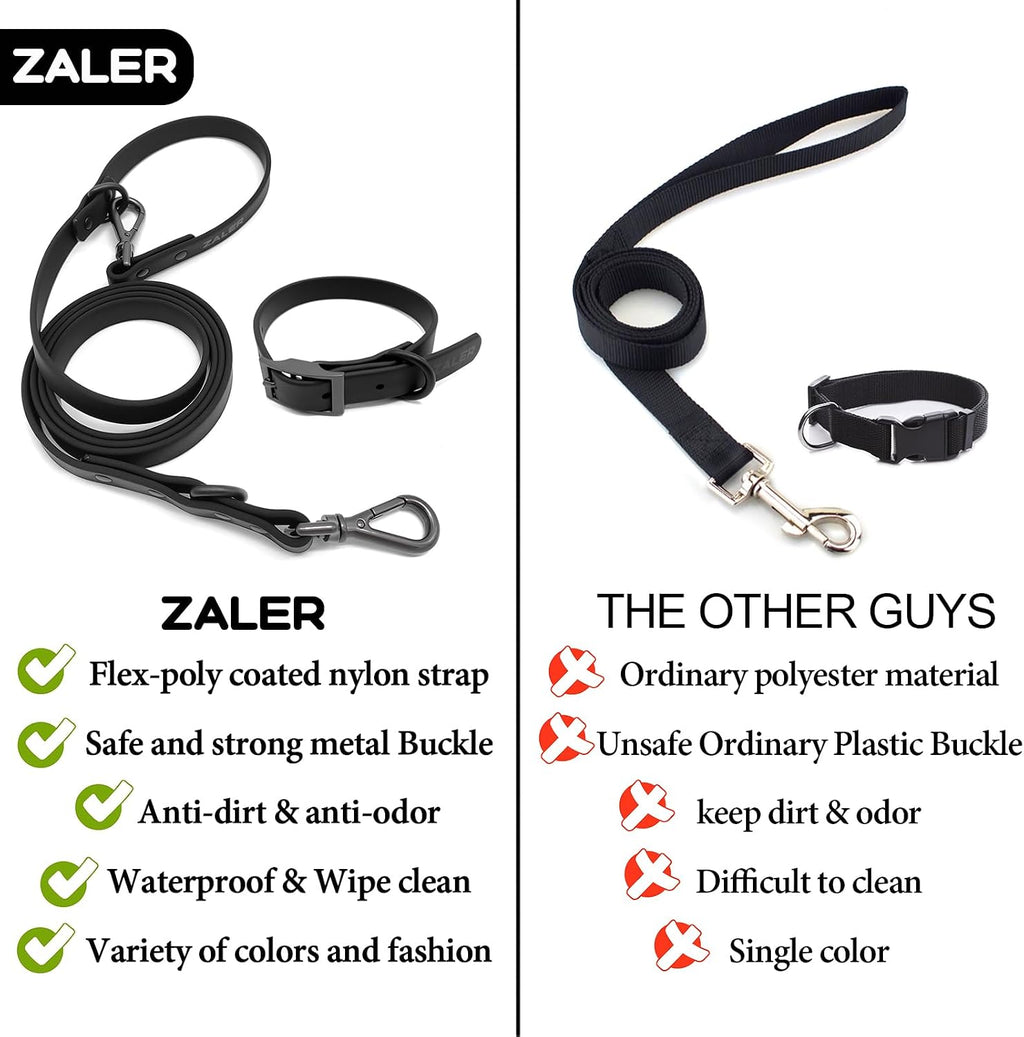 ZALER Dog Collar and Leash Set, Waterproof Adjustable Odor Proof Pet Collars Leashes Easy to Clean, 6FT Dog Leash with 2 Hooks for Large, Medium Small Dogs (M, Black)