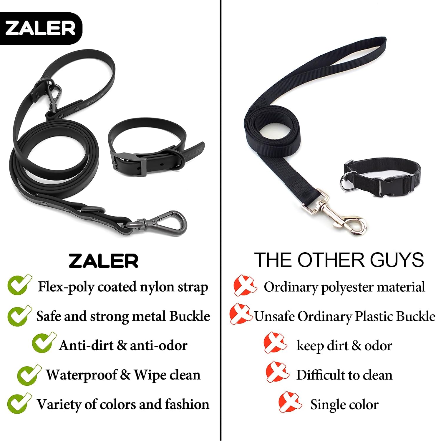 ZALER Dog Collar and Leash Set, Waterproof Adjustable Odor Proof Pet Collars Leashes Easy to Clean, 6FT Dog Leash with 2 Hooks for Large, Medium Small Dogs (M, Black)