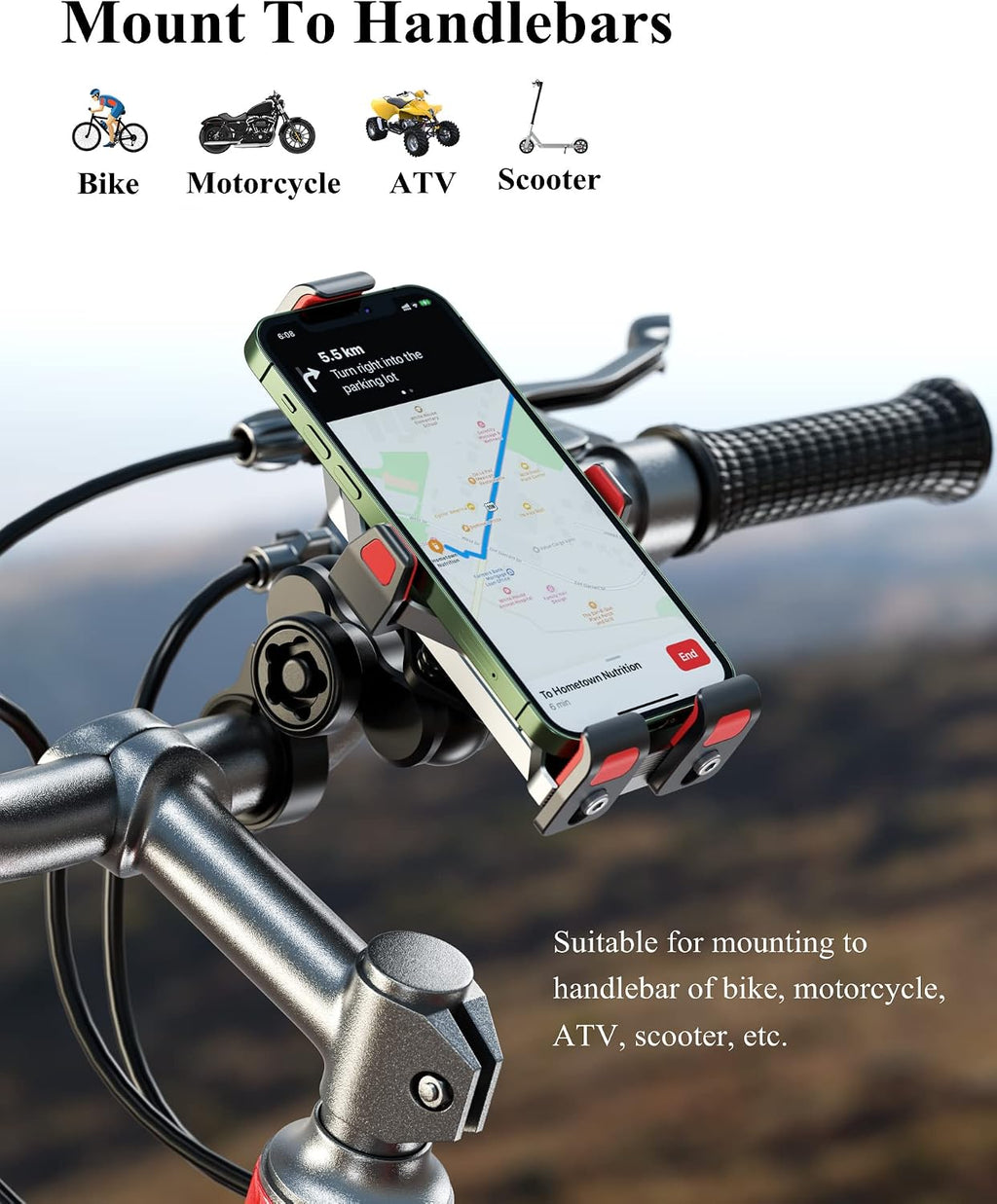 BRCOVAN Anti-Theft Aluminum Alloy Motorcycle Phone Mount Holder, Silver