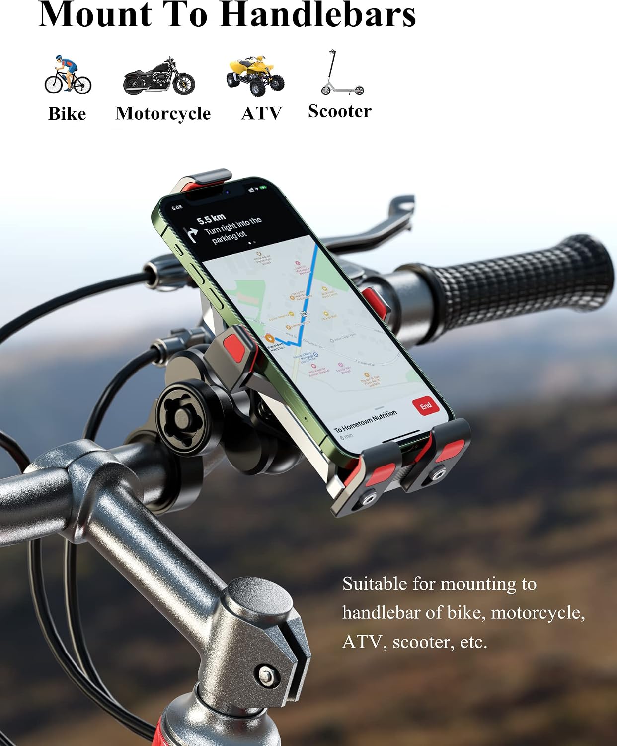 BRCOVAN Anti-Theft Aluminum Alloy Motorcycle Phone Mount Holder, Silver